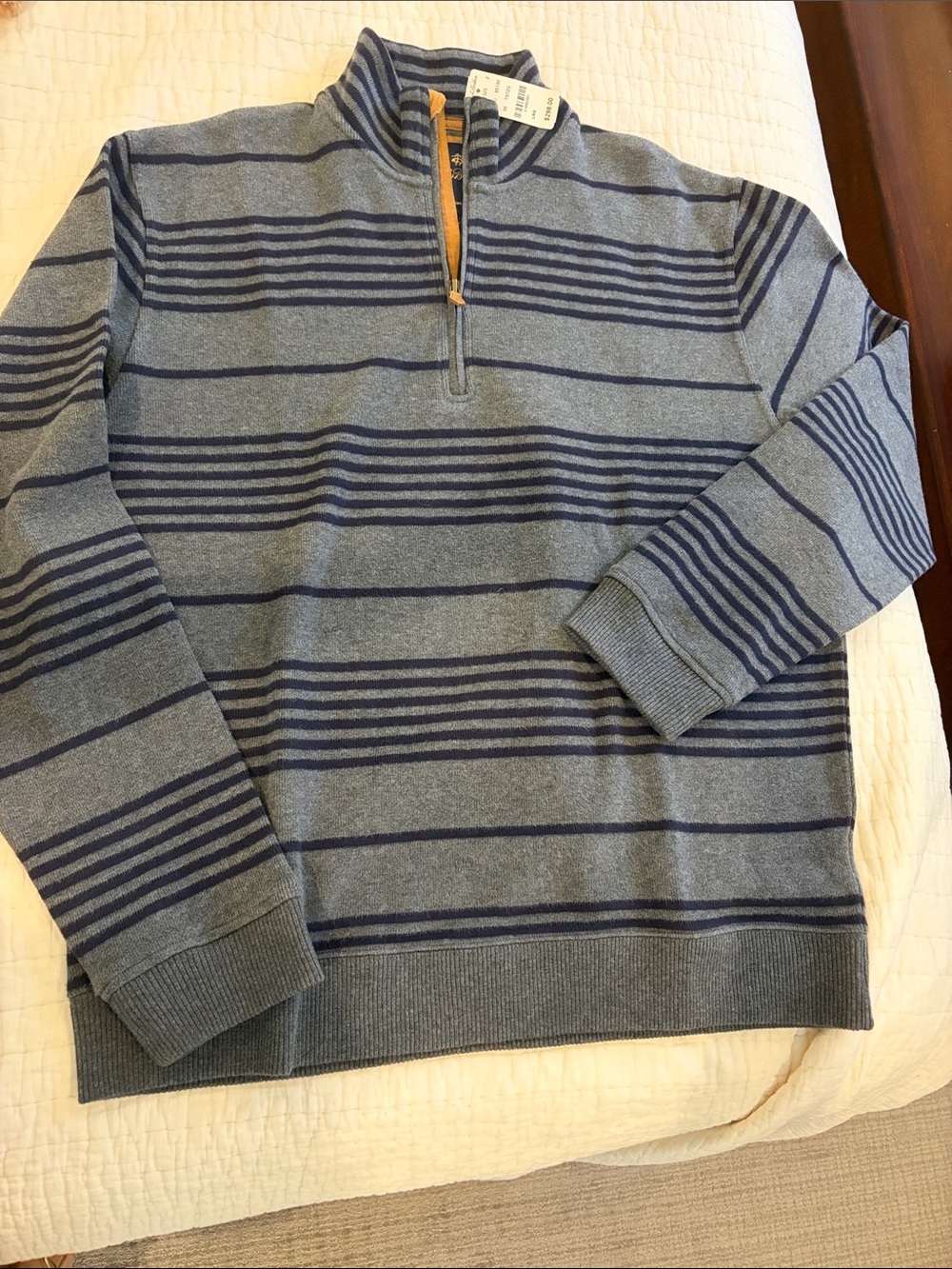 Brooks Brothers Men's Quarter-Zip Striped Sweater - Blue. Size L. NWT